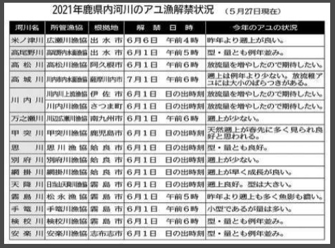 鹿児島県内河川のアユ解禁情報！